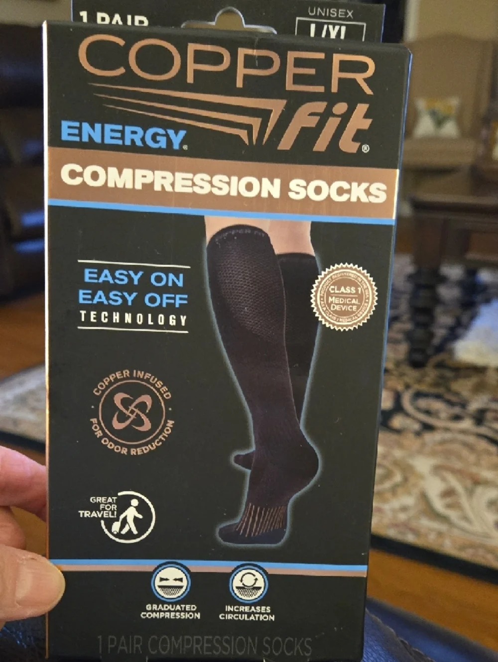 Copper Fit 1 Pair Men's Energy Compression Socks Black Eady On Easy Off L/XL New